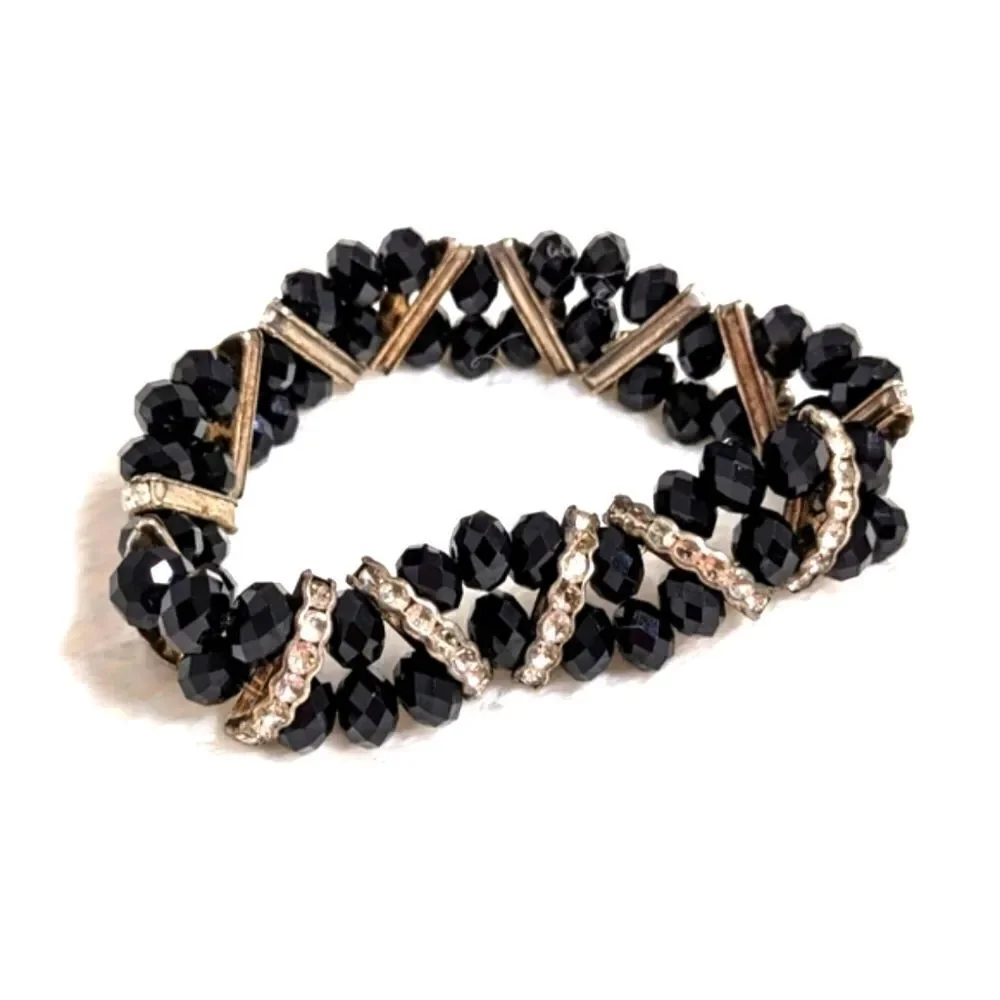 Vintage Black Crystal Bead Stretchy Bracelet with Rhinestone Accents